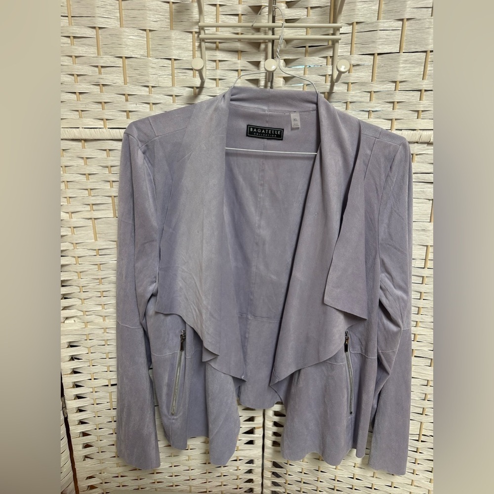Bagatelle Faux Microsuede Raw Edge periwinkle blue Open Front Draped Jacket xl